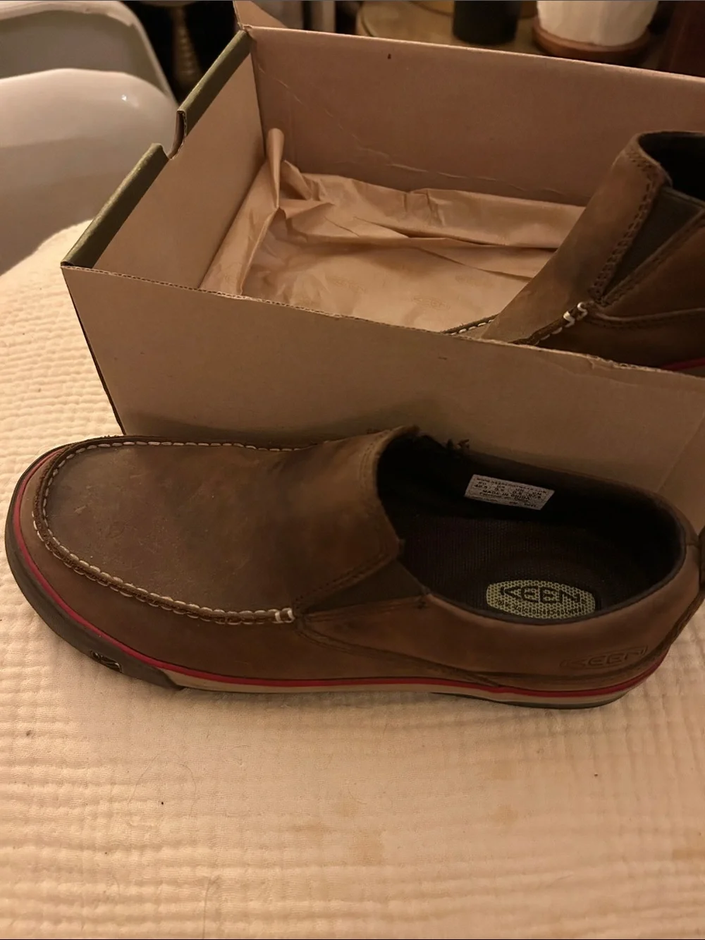 KEEN Men's Brown Leather Slip-On Loafer with Red Trim